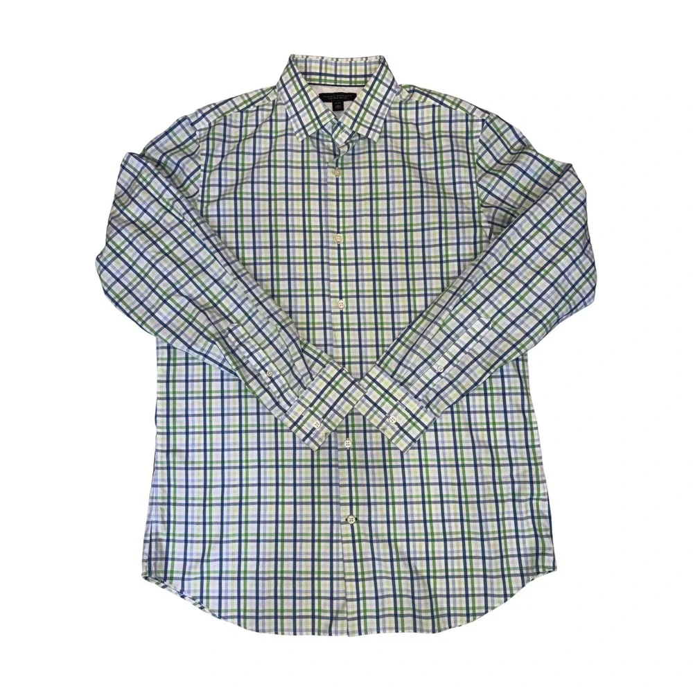 Banana Republic Button Down Green Blue Plaid Non-Iron Slim Fit 16-16.5 Size L